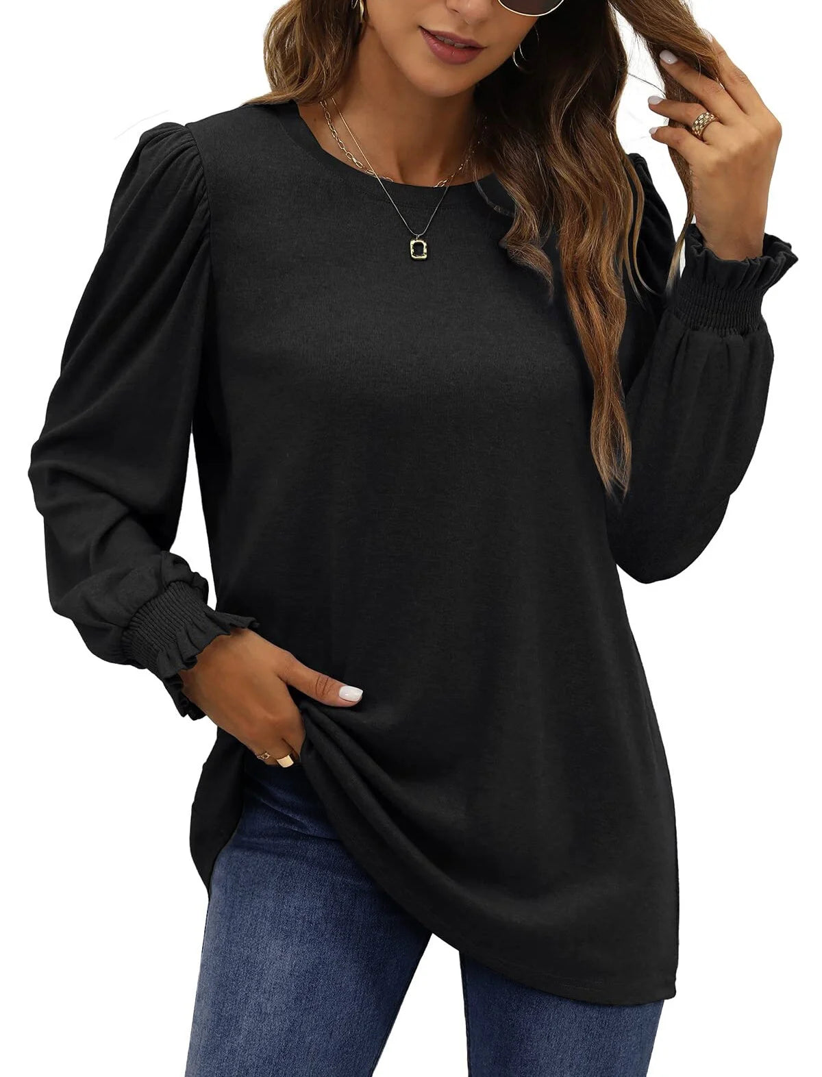 Chic Puff Sleeve Tunic Tops for Women - Stylish Casual Fall Blouses