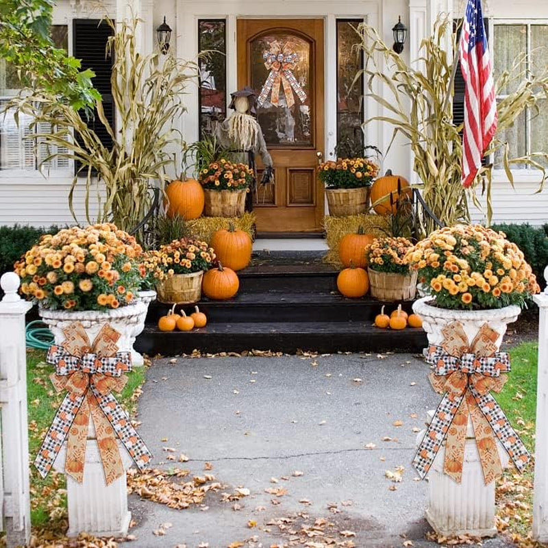 Charming Large White Black Buffalo Plaid Fall Pumpkin Bow - Ideal for Wreaths & Seasonal Decor for Thanksgiving Parties - Versatile Indoor/Outdoor Use